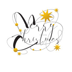 Font Merry Christmas Calligraphic Inscription Decorated with Golden Stars and Beads. on white background