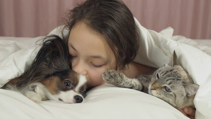 Happy teen girl communicates with dog Papillon and Thai cat in bed