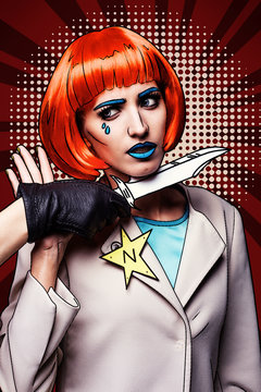 Female with knife near throat. Portrait of young woman in comic pop art make-up style