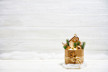 Christmas decorations on white wooden background.