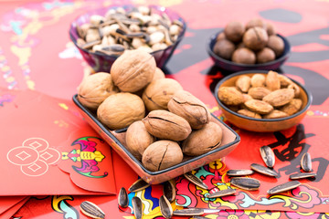 Nuts in the Background of Red Couplet in Spring Festival
