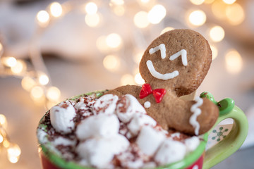 Gingerbread cookie man in a hot chocolate