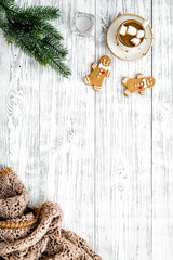 Relaxing, cozy winter evening concept. Hot mug of cocoa near christmas gingerbread man, fir branches, wool blanket on white wooden background top view space for text