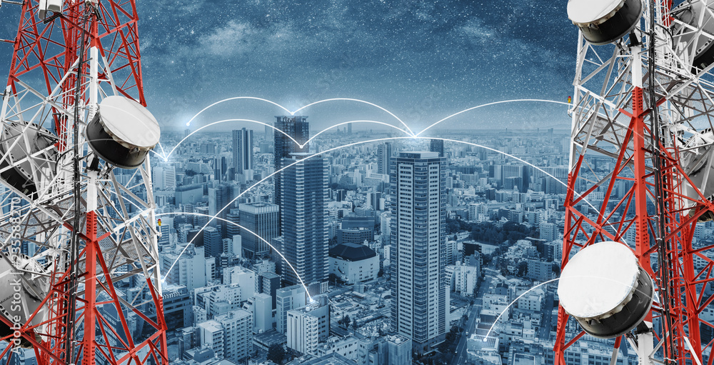 Aufkleber networking and internet network technology in the city. telecommunication towers with cityscape and 