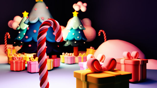 3d rendering picture of Christmas gifts. Camera depth of field effect.