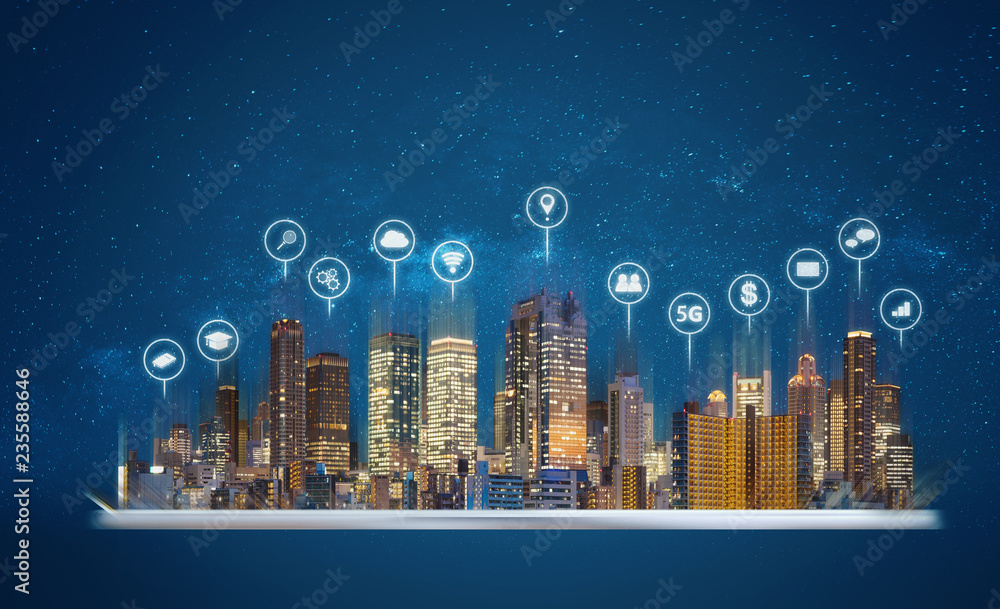 Poster digital tablet with modern buildings hologram and technology icons. smart city, internet and network