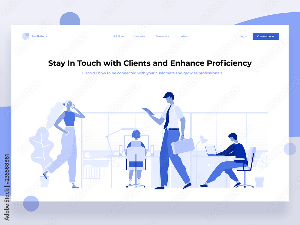 Fototapete People work in a office and interact with different devices. Business, workflow management and office situations. Landing page template. Flat vector illustration.