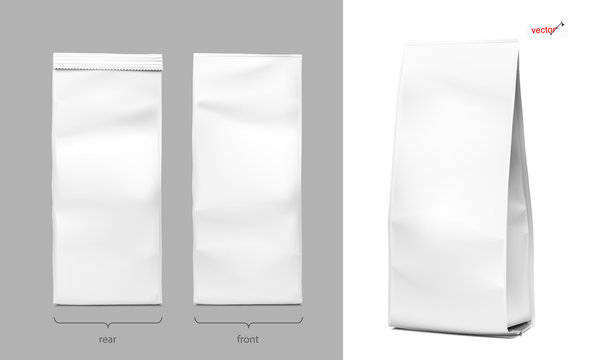 Realistic vertical bag mockups. Packaging from different angles. Front, rear and perspective view. Vector illustration isolated on white background. Ready for your design. EPS10.