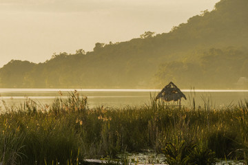 Misty Lake with Straw Hut