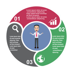 3 step vector element in three colors with labels, infographic diagram. Business concept of 3 steps or options with businessman