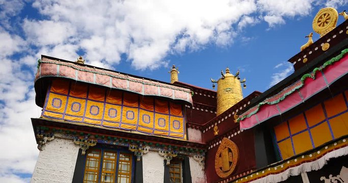 4k closeup of The Jokhang Temple In Lhasa,Tibet,white clouds in blue sky.