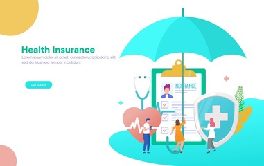 Healthcare insurance vector illustration concept, people with doctor fill health form insurance,  can use for, landing page, template, ui, web, mobile app, poster, banner, flyer