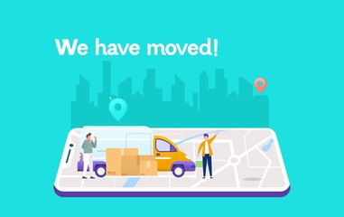 we have moved vector illustration concept, businessman carrying box cardboard from office to car , can use for, landing page, template, ui, web, mobile app, poster, banner, flyer