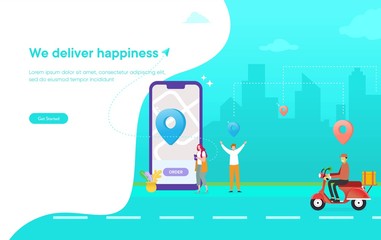 online delivery service vector illustration concept, woman order food via smartphone, man happy waiting his package can use for, landing page, template, ui, web, mobile app, poster, banner, flyer