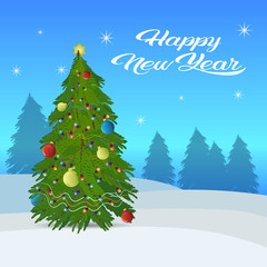 fir tree decorated colorful balls happy new year merry christmas concept flat forest landscape background vector illustration