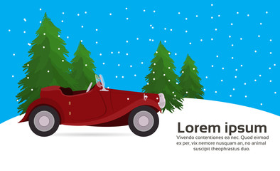 red retro car happy new year merry christmas concept flat winter fir tree landscape copy space horizontal