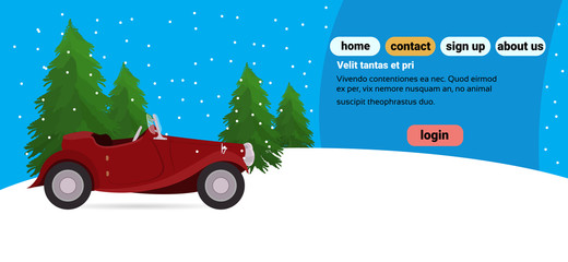 red retro car happy new year merry christmas concept flat winter fir tree landscape copy space horizontal