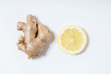 lemon and ginger on white background