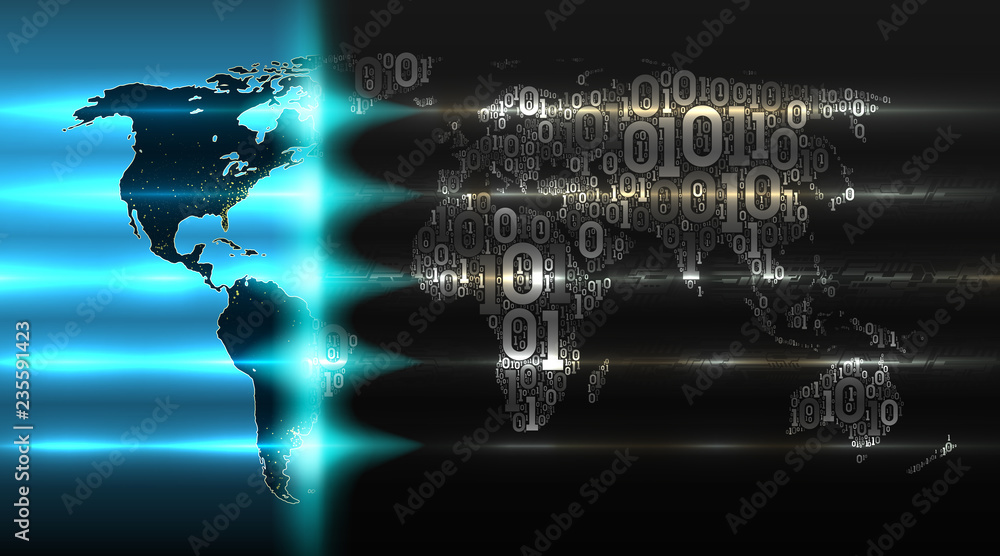 Poster Binary code world map with a background of abstract hardware. Digital global technologies in the world, digital technology, cloud service, internet of things, big data, vector illustration