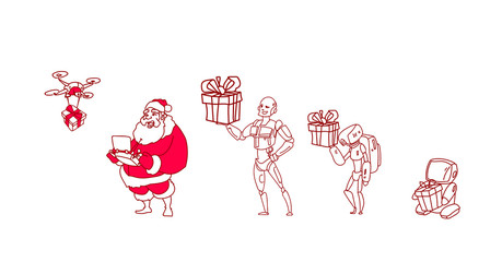 santa claus hold controller drone delivery present robot helper artificial intelligence concept new year christmas holiday sketch doodle horizontal