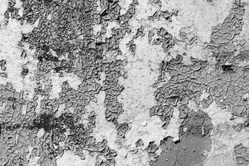 grey peeling paint on the old rough concrete surface. black and white view