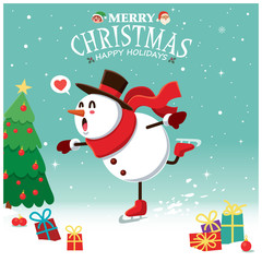Fototapeta na wymiar Vintage Christmas poster design with vector Santa Claus, elf, snowman characters.