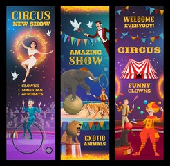 Magician, animals, clown and acrobats in circus © Vector Tradition