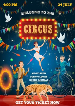 Circus acrobat equilibrist, animals tamer show
