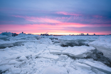 Ice on the Amur river at dusk. Blagoveshchensk