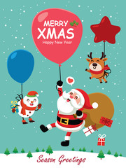 Vintage Christmas poster design with vector Santa Claus, snowman, reindeer characters.