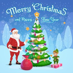 Santa and elf decorating Christmas tree
