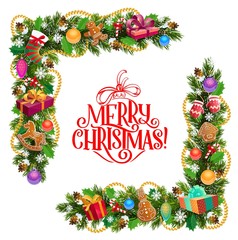 Christmas frame with pine tree and gifts