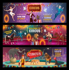 Circus show clown, animals, magician and acrobats © Vector Tradition