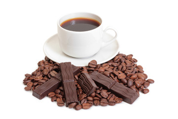 Coffee beans and cute chocolate on white background