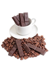 Coffee beans and cute chocolate on white background