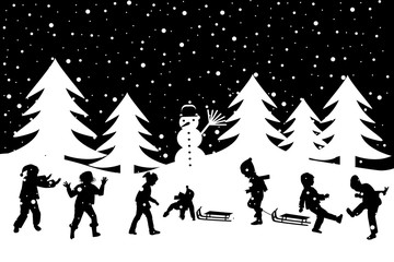 Black and white winter greeting card with kids playing in the snow © hibrida