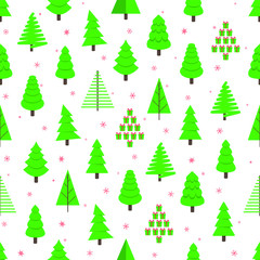 Seamless christmas tree green fir flat style design pattern vector illustration. Symbol of family xmas holiday celebration isolated on white background.  Simple shape holyday wrap, fabric or texture.