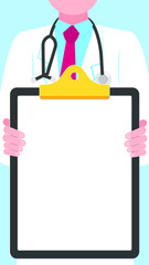 Close-up doctor holding a clipboard without text for stories. Paper for writing or useful information flat style design isolated on light blue background. Male man, hospital employee, stethoscope.
