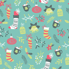 Winter Seamless Vector Pattern with Berries and Christmas Socks in Doodle Style.