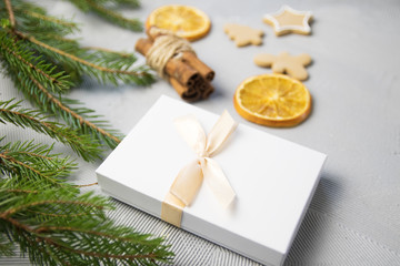 Christmas Tree Pine Brancheswith present, orange, cake, cinnamon on grey background.