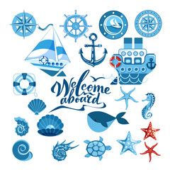 sea set of ship, sailboat, sea gear, sea creatures. flat style