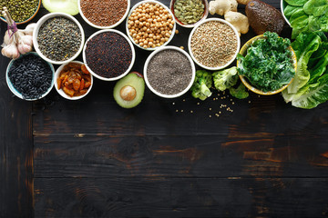 food superfoods copy space cereals seeds top view Healthy vegetarian