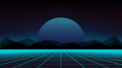 Retro Sci-Fi Background with mountains. Futuristic Vector illustration in 80s posters style.