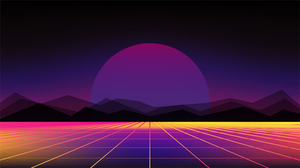Retro Sci-Fi Background with mountains. Futuristic Vector illustration in 80s posters style.