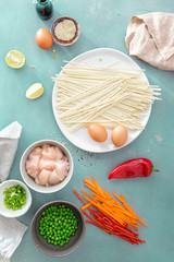 Top view raw set ingredients cooking udon noodles chicken meat background top view