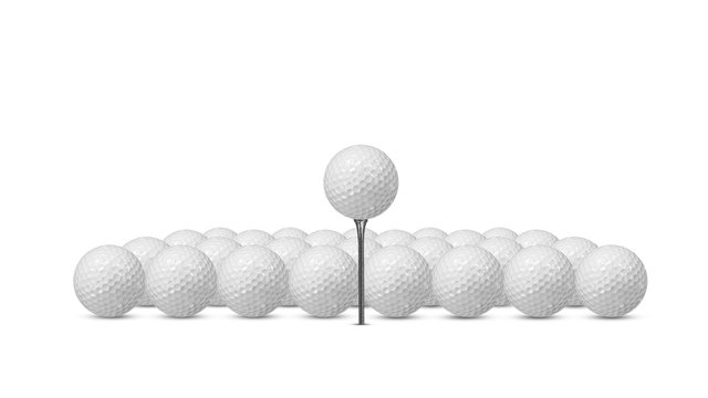 Many golf balls and golf ball on the tee isolated on white background