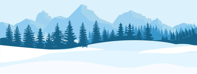Paysage d& 39 hiver horizontal. Montagnes forêt de sapins au loin. Illustration vectorielle de couleur plate.