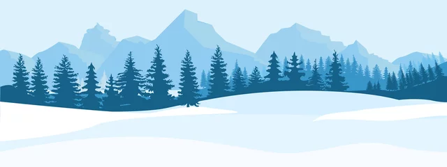 Papier Peint photo Lavable Bleu clair Paysage d& 39 hiver horizontal. Montagnes forêt de sapins au loin. Illustration vectorielle de couleur plate.