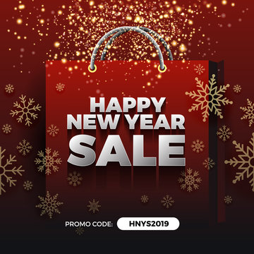 Happy New Year Sale Promotion Background Design with Golden Particle and Snowflakes on Shopping Bag.