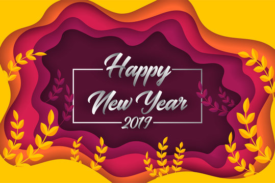 Happy new year 2019 colorful paper cut greeting card background design. Vector illustration